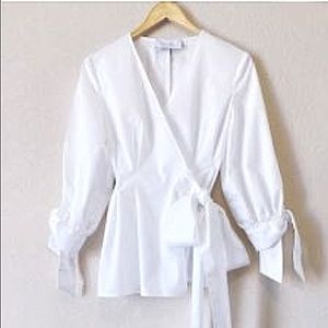 Pearl Lela Rose White Collarless Poplin Cotton Wrap Full Sleeve Top